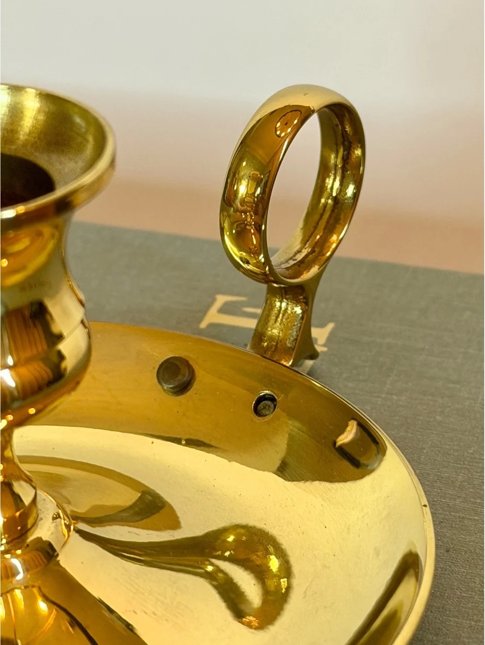 Vintage Solid Brass Chamberstick Candle Holder Finger Loop Handle Gold Tone